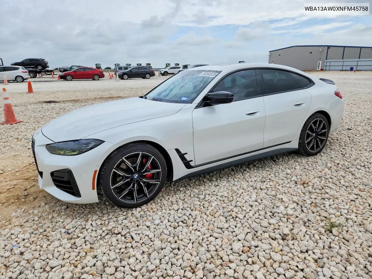 2022 BMW M440Xi Gran Coupe VIN: WBA13AW0XNFM45758 Lot: 56566526
