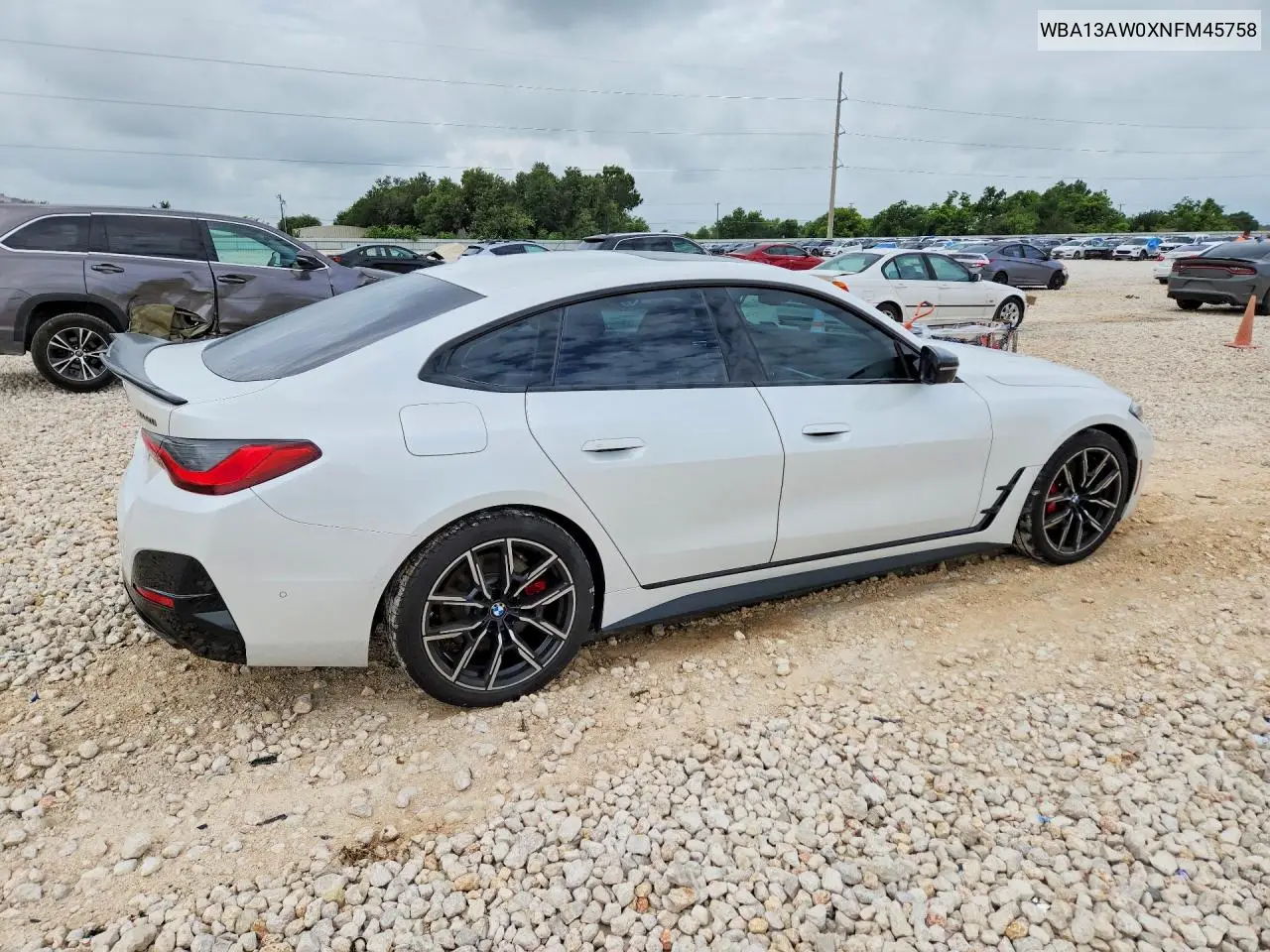 2022 BMW M440Xi Gran Coupe VIN: WBA13AW0XNFM45758 Lot: 56566526
