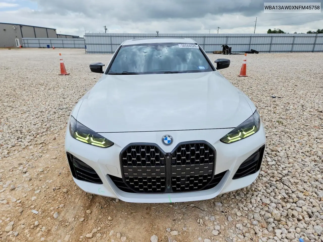 2022 BMW M440Xi Gran Coupe VIN: WBA13AW0XNFM45758 Lot: 56566526