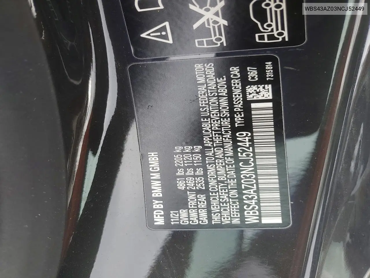 2022 BMW M4 Competition VIN: WBS43AZ03NCJ52449 Lot: 98979485