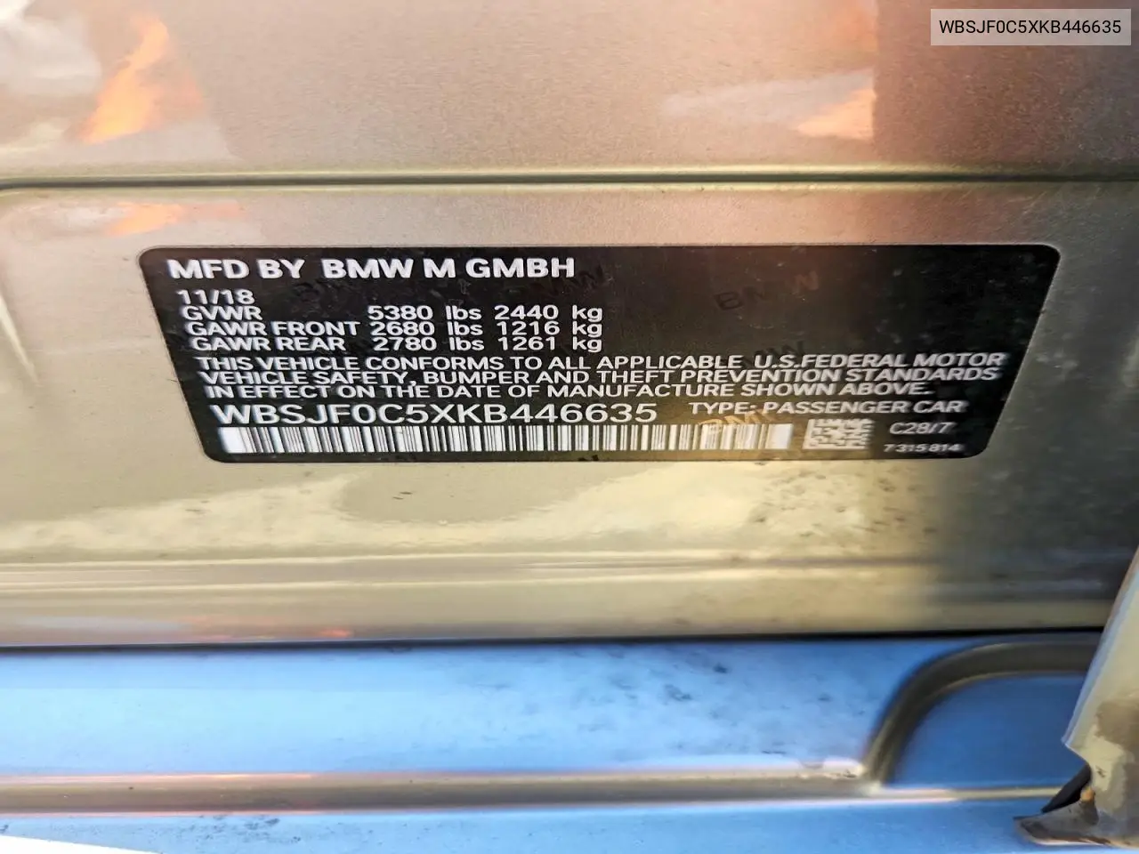 2019 BMW M5 VIN: WBSJF0C5XKB446635 Lot: 57634126