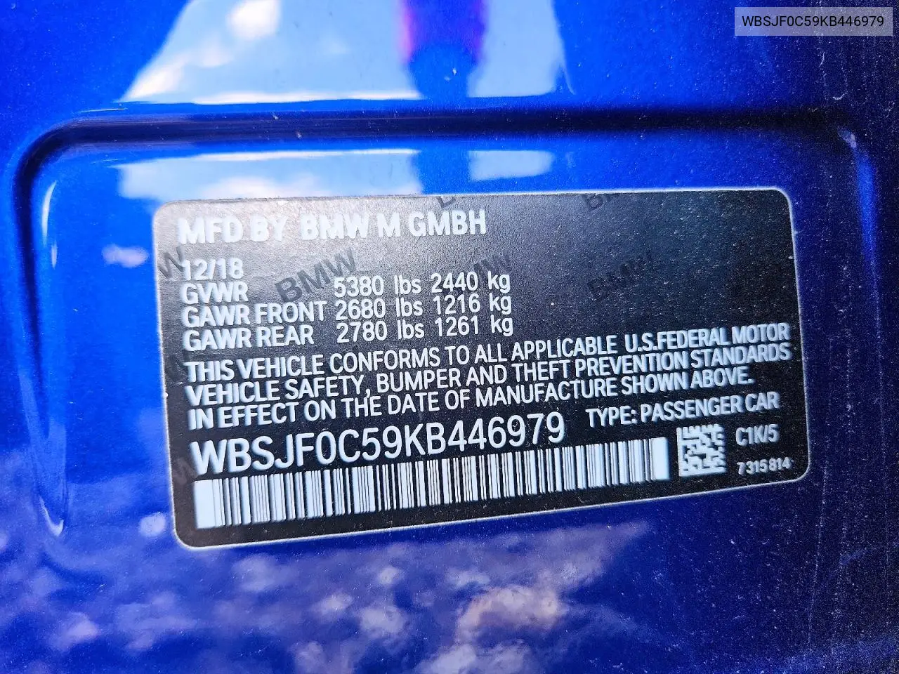 2019 BMW M5 VIN: WBSJF0C59KB446979 Lot: 60402116
