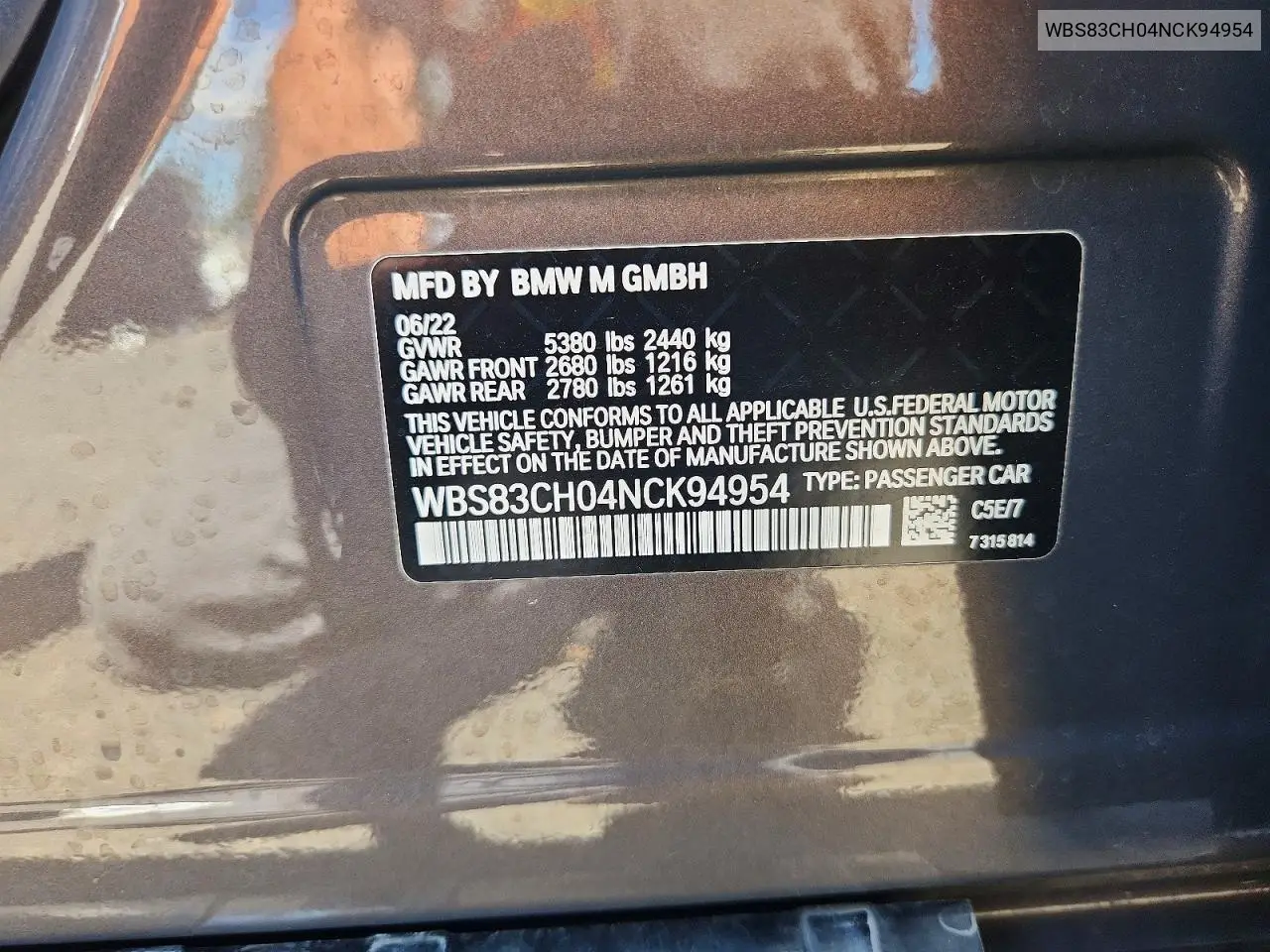 2022 BMW M5 VIN: WBS83CH04NCK94954 Lot: 59908906