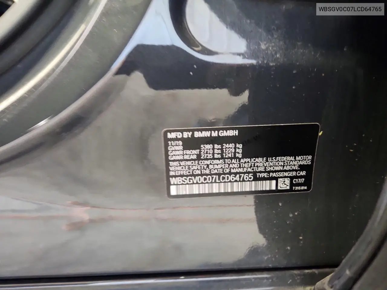 2020 BMW M8 VIN: WBSGV0C07LCD64765 Lot: 54784036