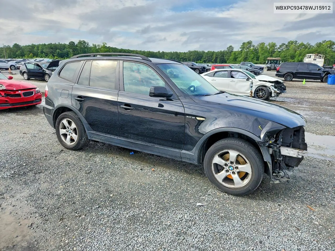 2008 BMW X3 3.0Si VIN: WBXPC93478WJ15912 Lot: 60838326