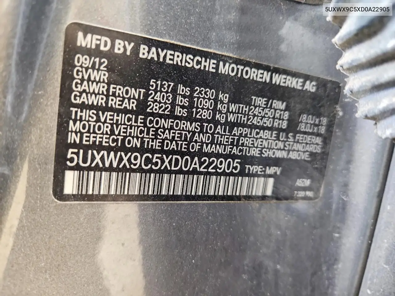 2013 BMW X3 xDrive28I VIN: 5UXWX9C5XD0A22905 Lot: 61106846