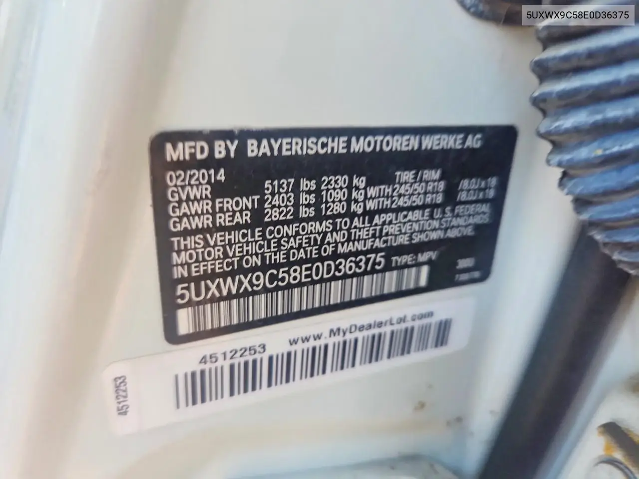 2014 BMW X3 VIN: 5UXWX9C58E0D36375 Lot: 60415436