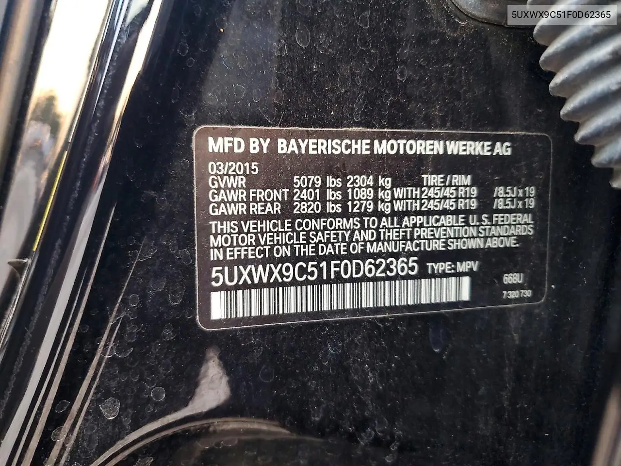 2015 BMW X3 xDrive28I VIN: 5UXWX9C51F0D62365 Lot: 61864816