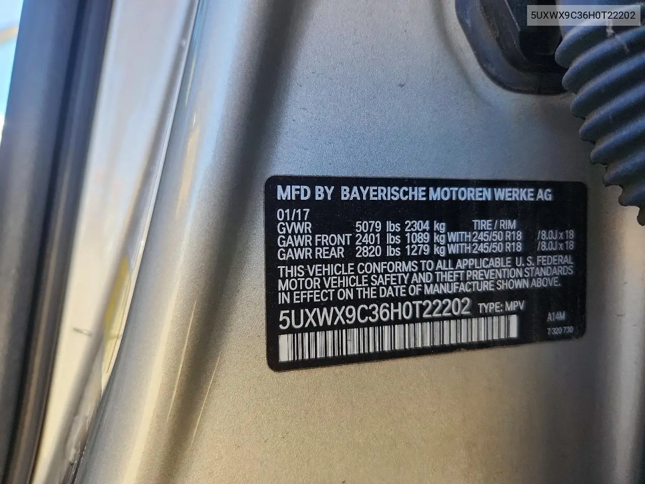 2017 BMW X3 xDrive28I VIN: 5UXWX9C36H0T22202 Lot: 61188196