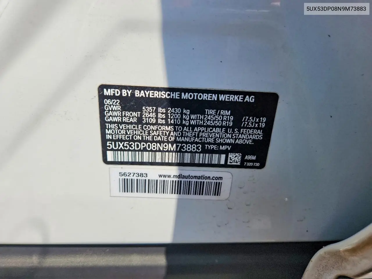 2022 BMW X3 VIN: 5UX53DP08N9M73883 Lot: 61067156