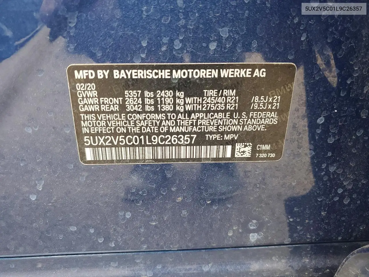 2020 BMW X4 xDrivem40I VIN: 5UX2V5C01L9C26357 Lot: 56701646