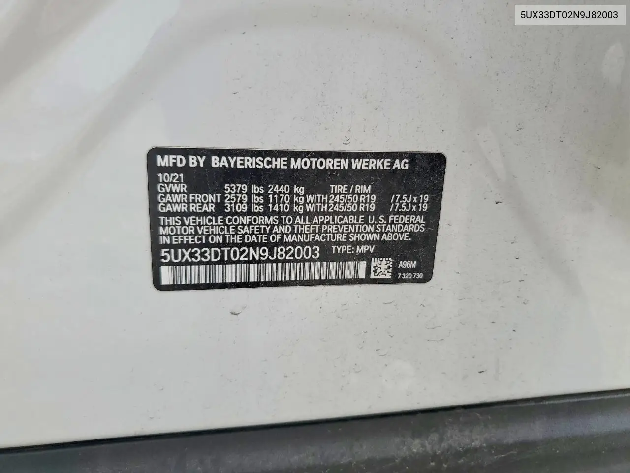 2022 BMW X4 xDrive30I VIN: 5UX33DT02N9J82003 Lot: 57266906