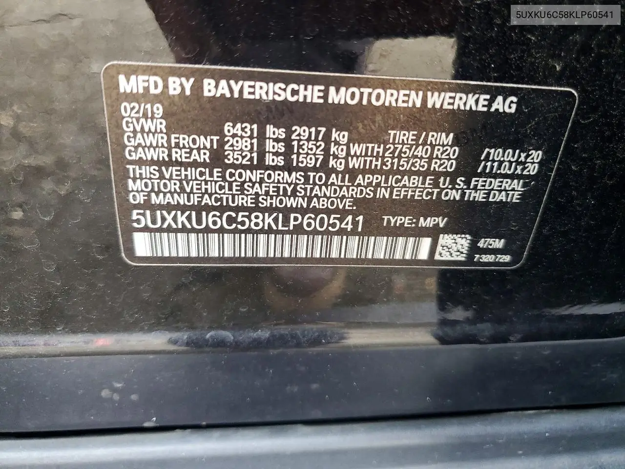 2019 BMW X6 xDrive50I VIN: 5UXKU6C58KLP60541 Lot: 60328996