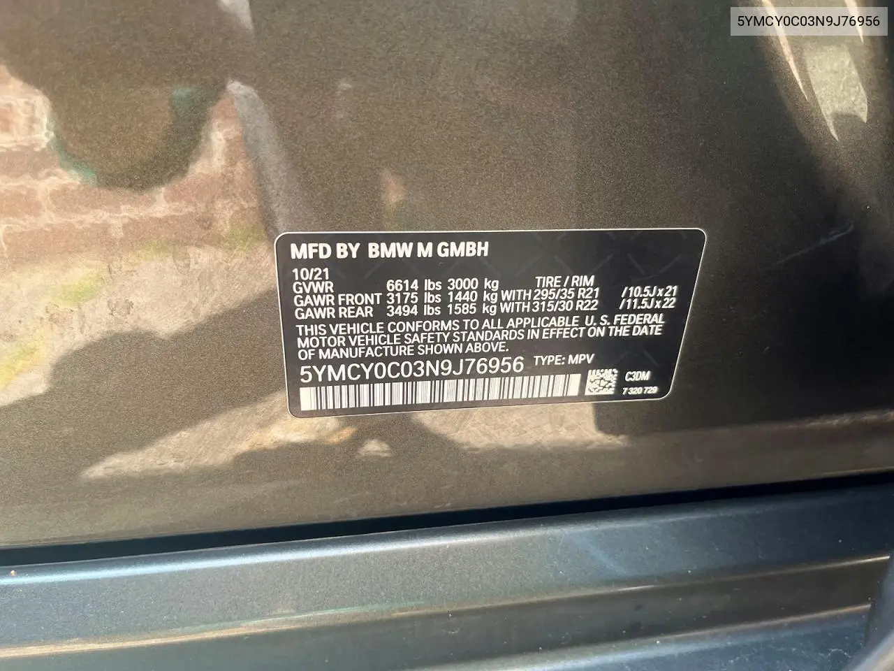 2022 BMW X6 M VIN: 5YMCY0C03N9J76956 Lot: 62443606