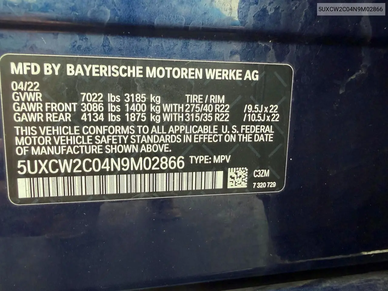 2022 BMW X7 xDrive40I VIN: 5UXCW2C04N9M02866 Lot: 58268966