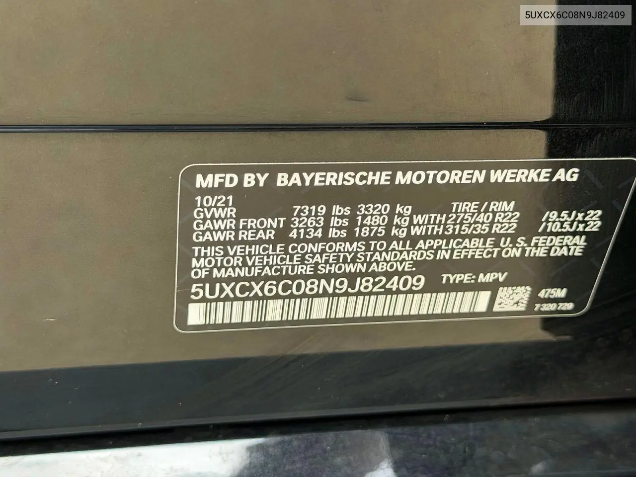 2022 BMW X7 M50I VIN: 5UXCX6C08N9J82409 Lot: 58335386