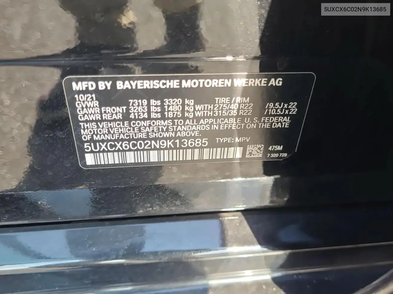 2022 BMW X7 M50I VIN: 5UXCX6C02N9K13685 Lot: 61655656
