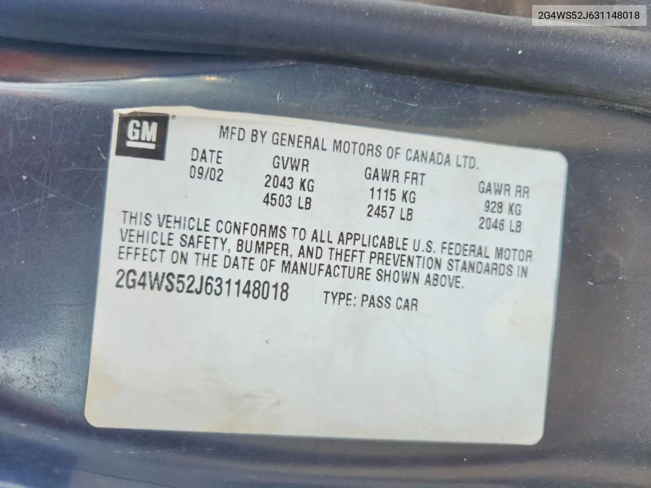 2003 Buick Century Custom VIN: 2G4WS52J631148018 Lot: 60425656