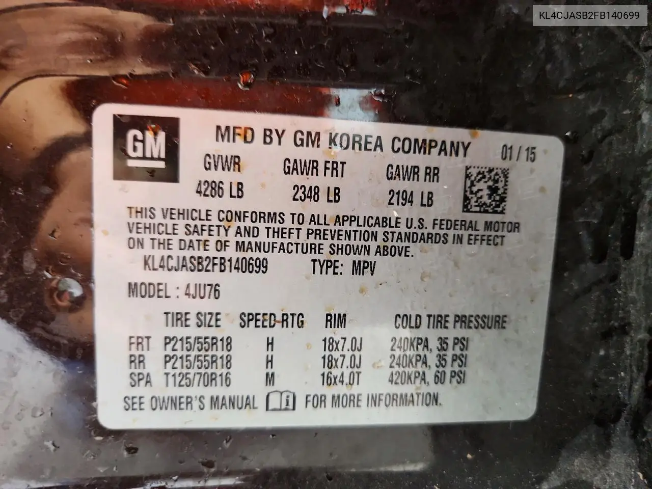 2015 Buick Encore VIN: KL4CJASB2FB140699 Lot: 61342536