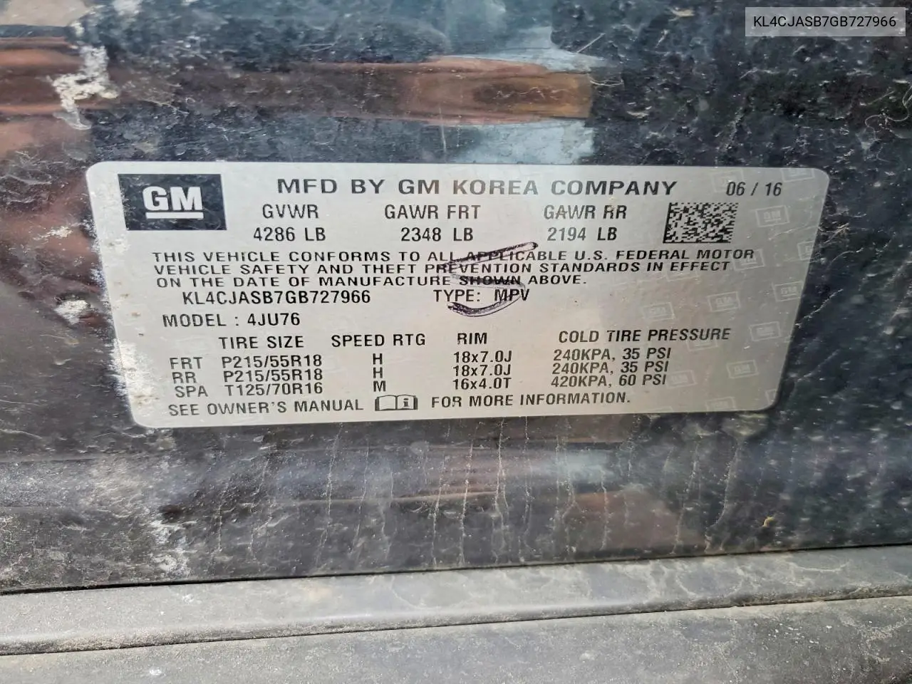 2016 Buick Encore VIN: KL4CJASB7GB727966 Lot: 57489026
