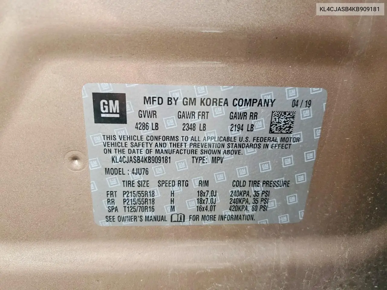 2019 Buick Encore Preferred VIN: KL4CJASB4KB909181 Lot: 56417986