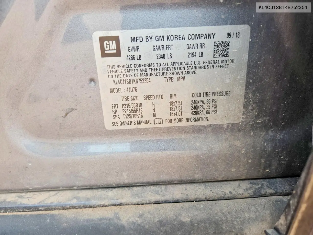 2019 Buick Encore Sport Touring VIN: KL4CJ1SB1KB752354 Lot: 57206146