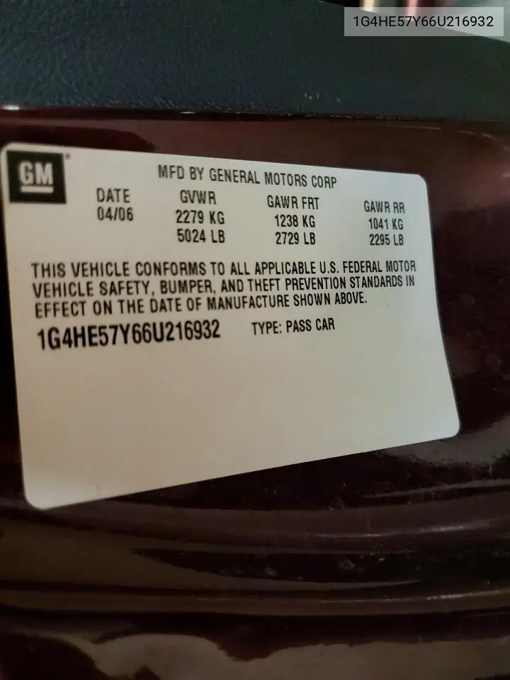 2006 Buick Lucerne Cxs VIN: 1G4HE57Y66U216932 Lot: 58839166