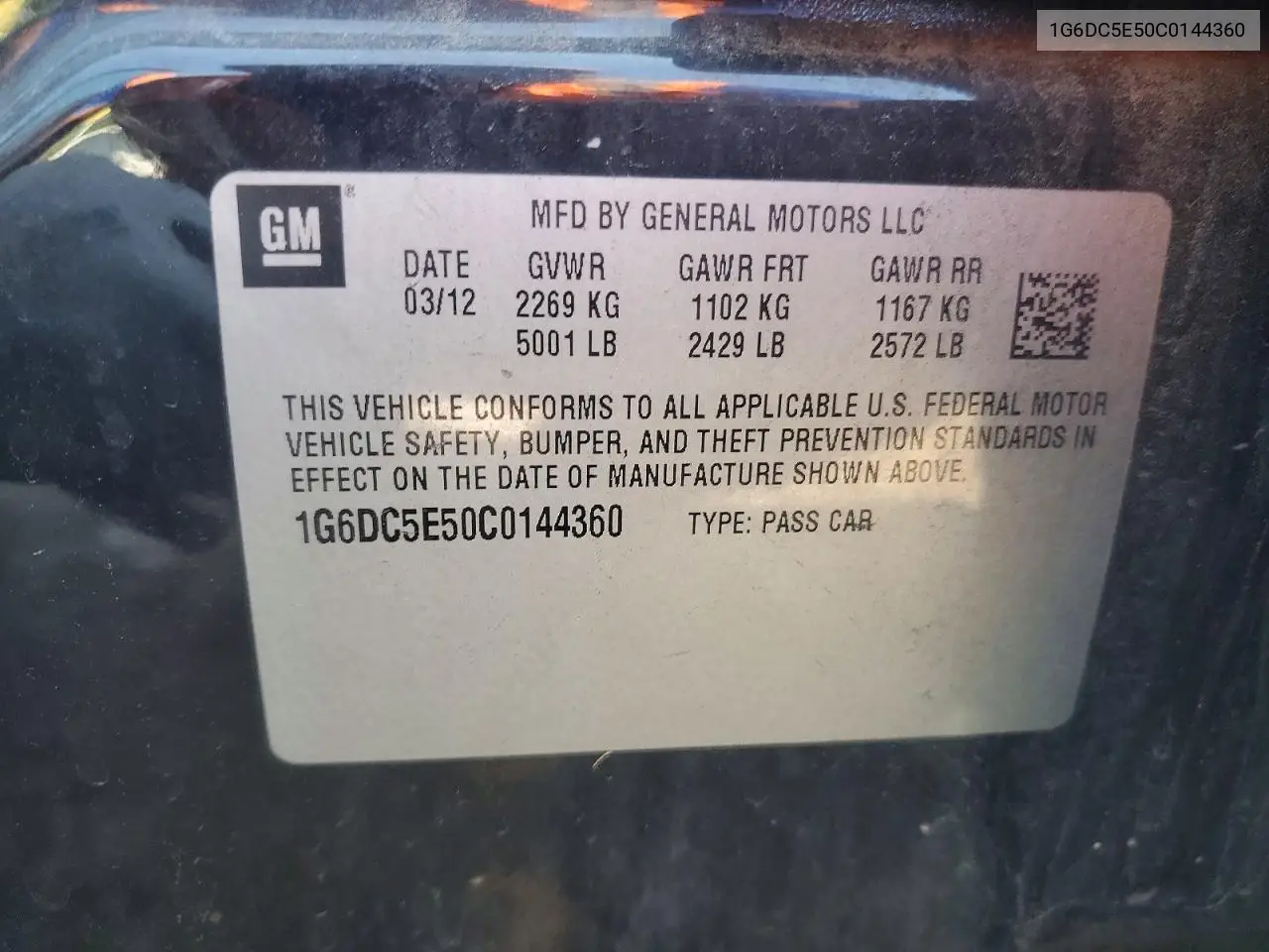 2012 Cadillac Cts VIN: 1G6DC5E50C0144360 Lot: 60924936