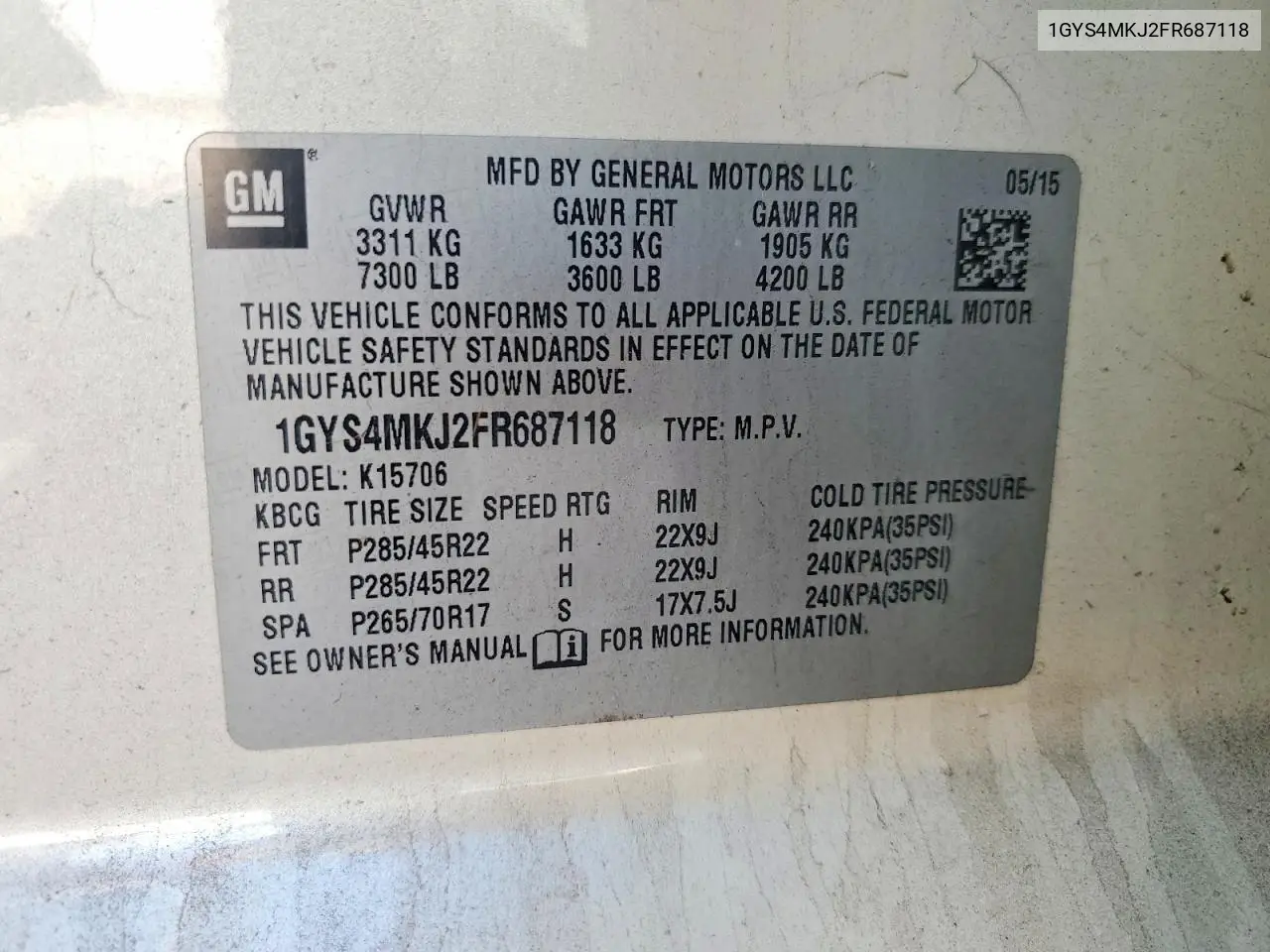 2015 Cadillac Escalade Luxury VIN: 1GYS4MKJ2FR687118 Lot: 60045736