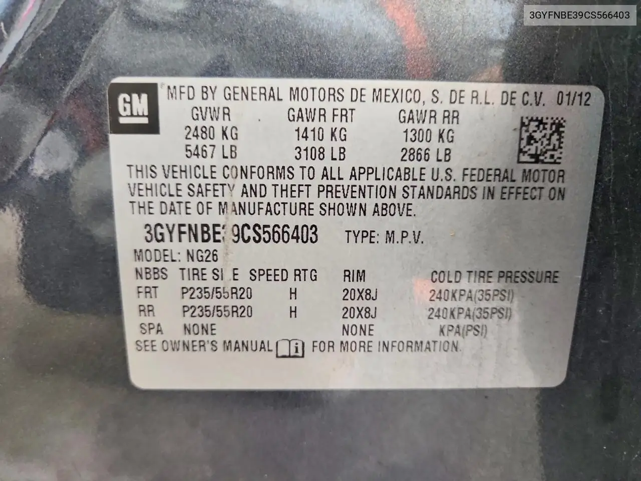 2012 Cadillac Srx Performance Collection VIN: 3GYFNBE39CS566403 Lot: 60220886