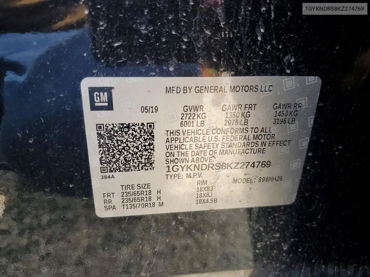2019 Cadillac Xt5 Luxury VIN: 1GYKNDRS8KZ274769 Lot: 56987216
