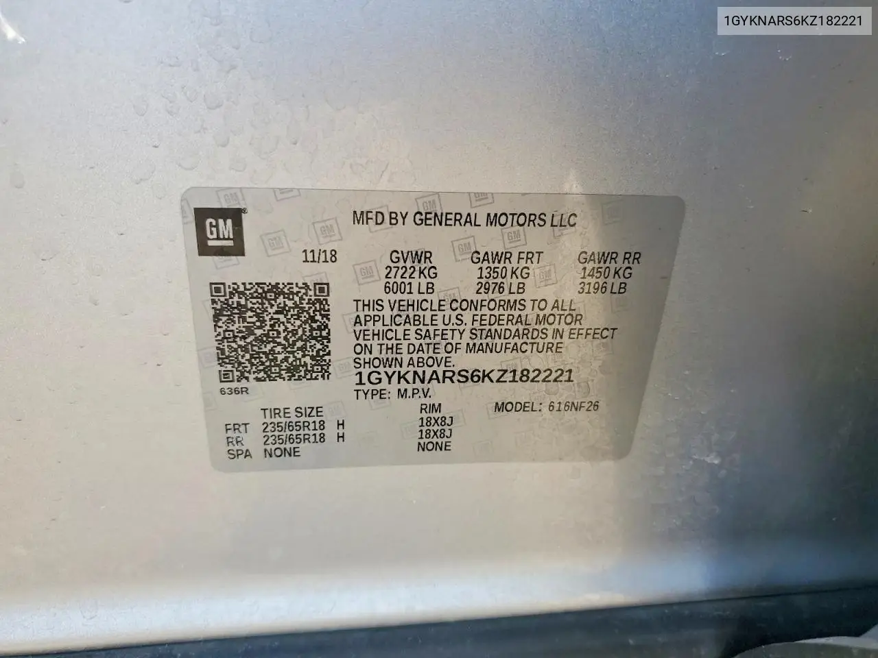 2019 Cadillac Xt5 VIN: 1GYKNARS6KZ182221 Lot: 73876315