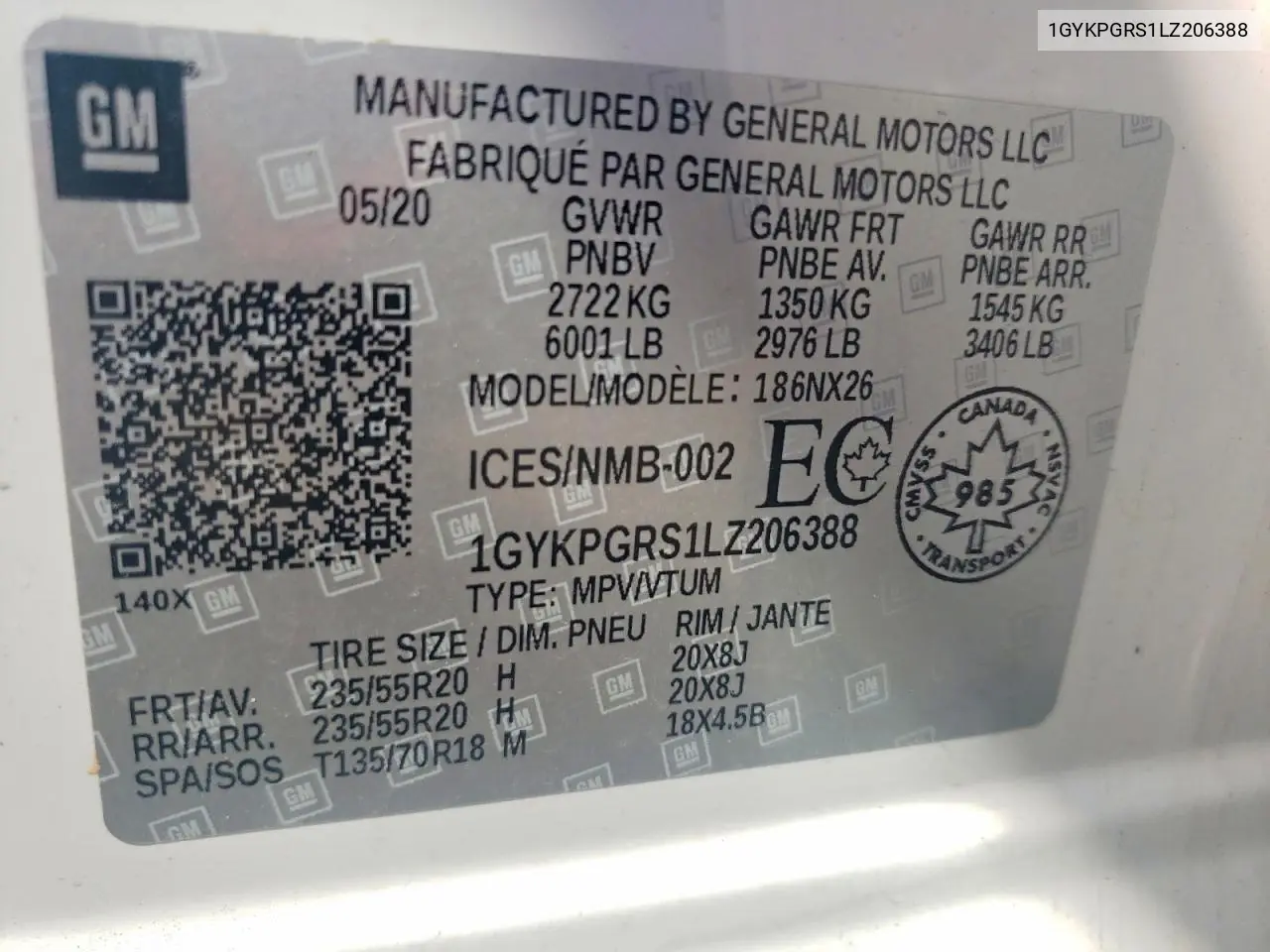 2020 Cadillac Xt6 Sport VIN: 1GYKPGRS1LZ206388 Lot: 49983706