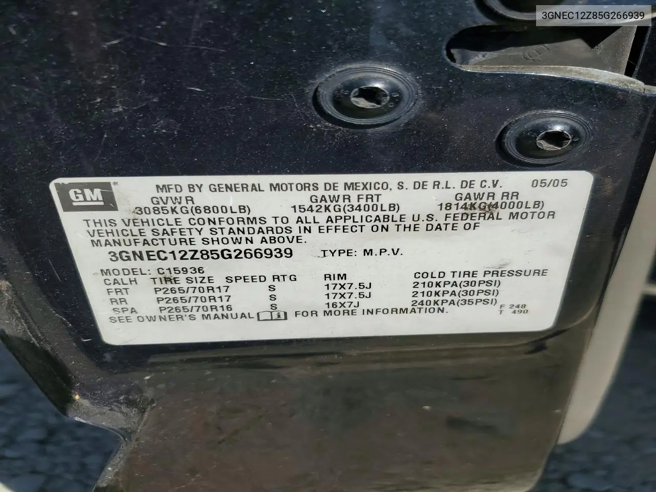 2005 Chevrolet Avalanche C1500 VIN: 3GNEC12Z85G266939 Lot: 61354826
