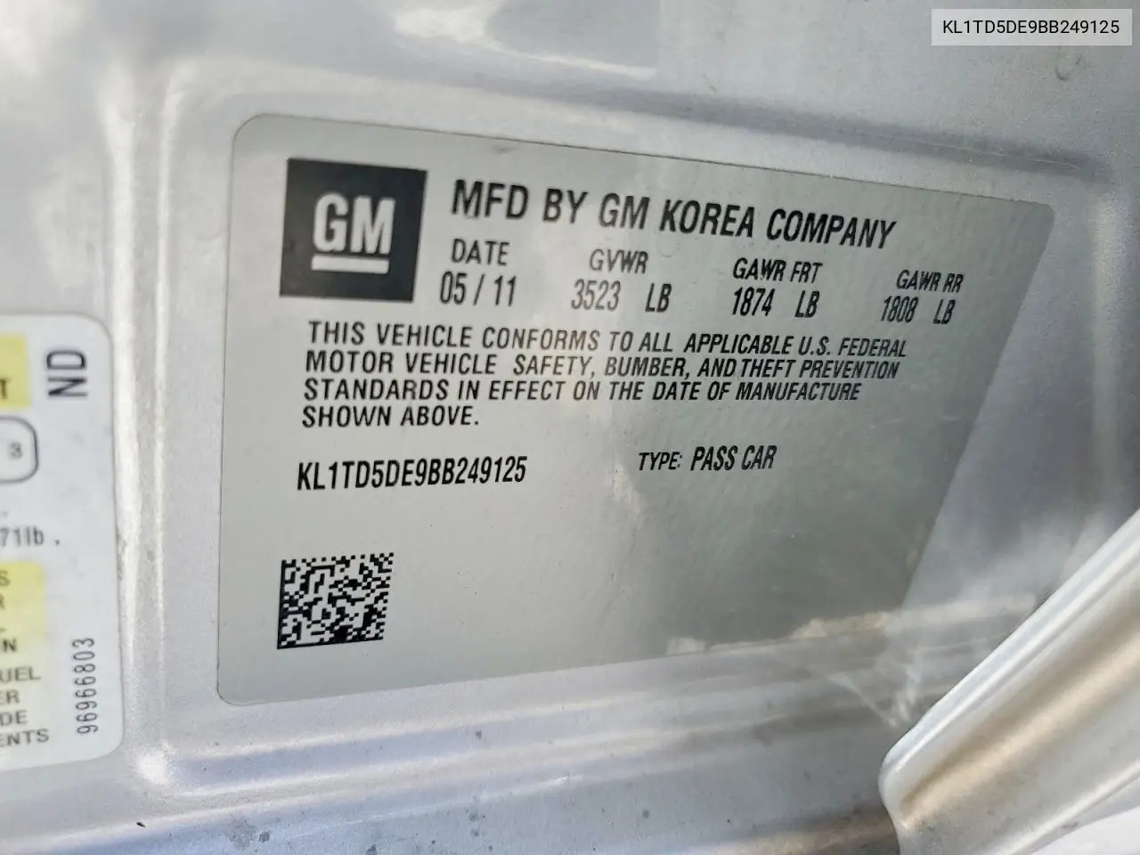 2011 Chevrolet Aveo Ls VIN: KL1TD5DE9BB249125 Lot: 58326136