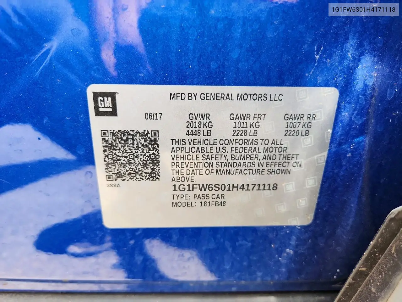2017 Chevrolet Bolt Ev Lt VIN: 1G1FW6S01H4171118 Lot: 60520686