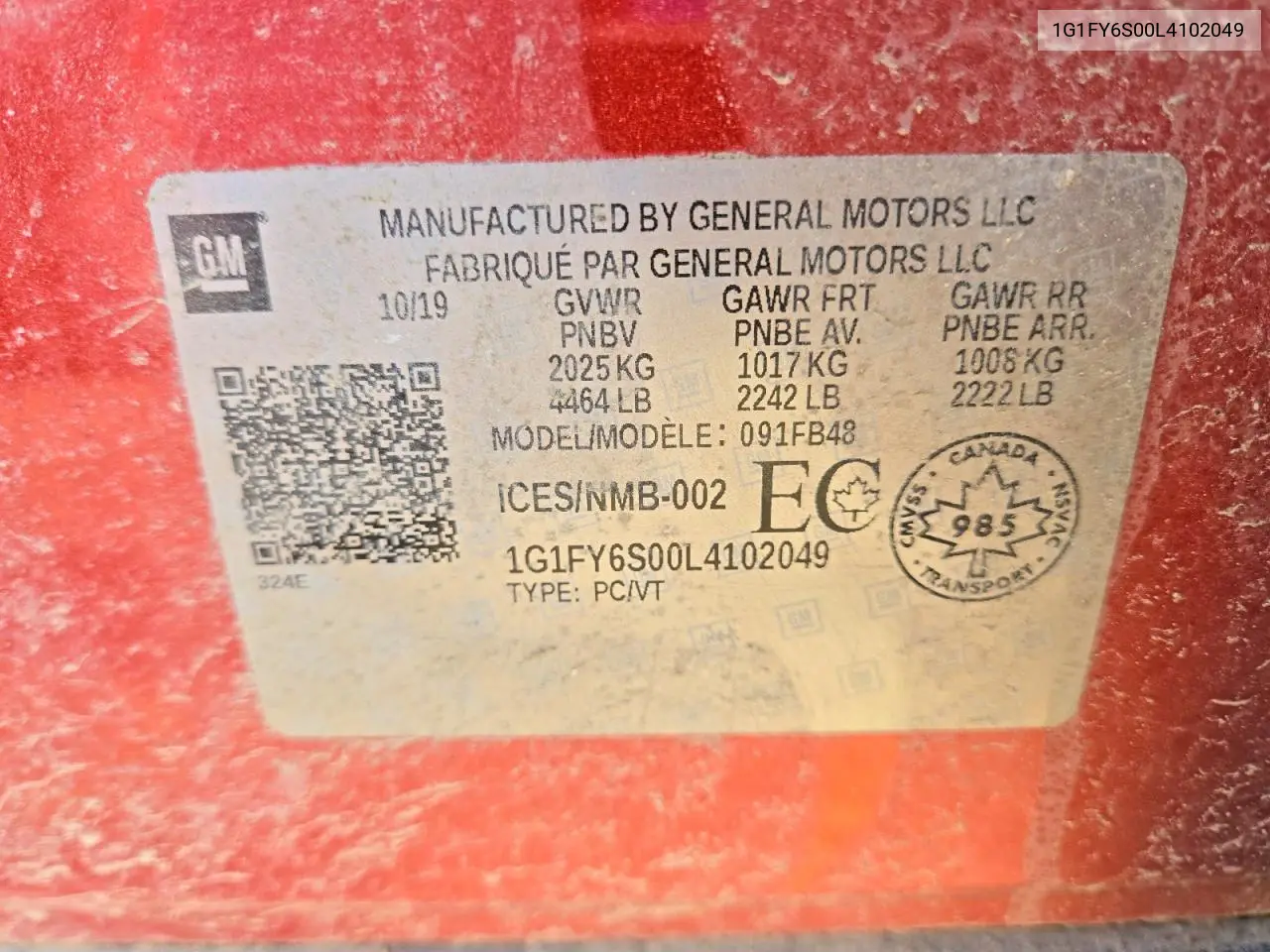 2020 Chevrolet Bolt Ev VIN: 1G1FY6S00L4102049 Lot: 50131806