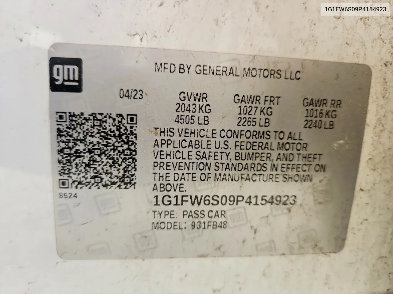 2023 Chevrolet Bolt Ev 1Lt VIN: 1G1FW6S09P4154923 Lot: 51086876