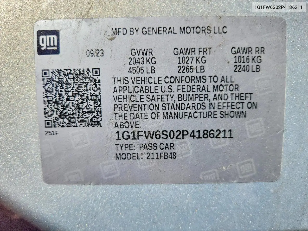 2023 Chevrolet Bolt Ev 1Lt VIN: 1G1FW6S02P4186211 Lot: 54554656