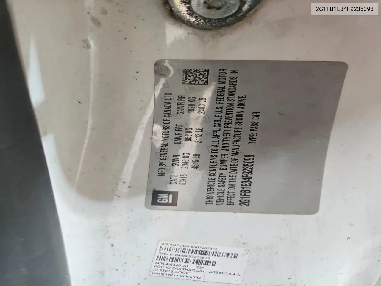 2015 Chevrolet Camaro Ls VIN: 2G1FB1E34F9235098 Lot: 58978686