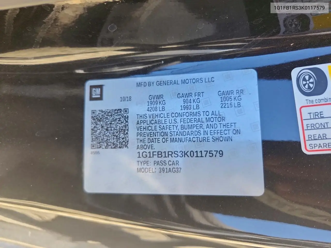2019 Chevrolet Camaro Ls VIN: 1G1FB1RS3K0117579 Lot: 57020056