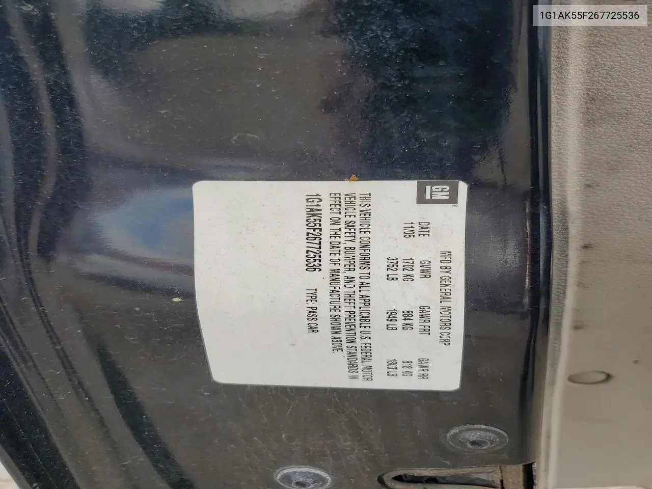 2006 Chevrolet Cobalt Ls VIN: 1G1AK55F267725536 Lot: 57440696