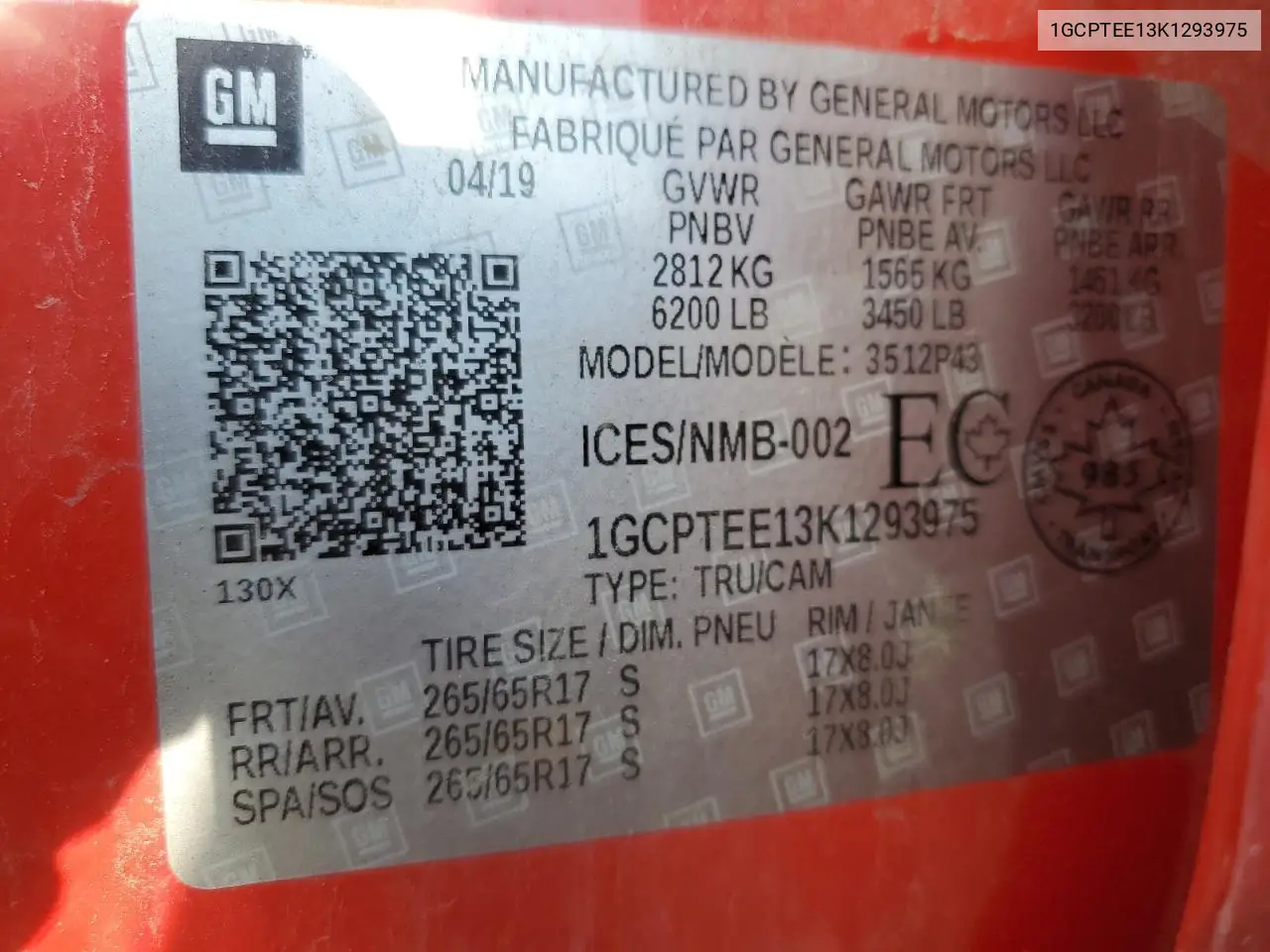 1GCPTEE13K1293975 2019 Chevrolet Colorado Zr2