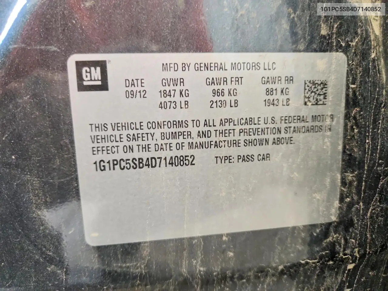2013 Chevrolet Cruze Lt VIN: 1G1PC5SB4D7140852 Lot: 61551326