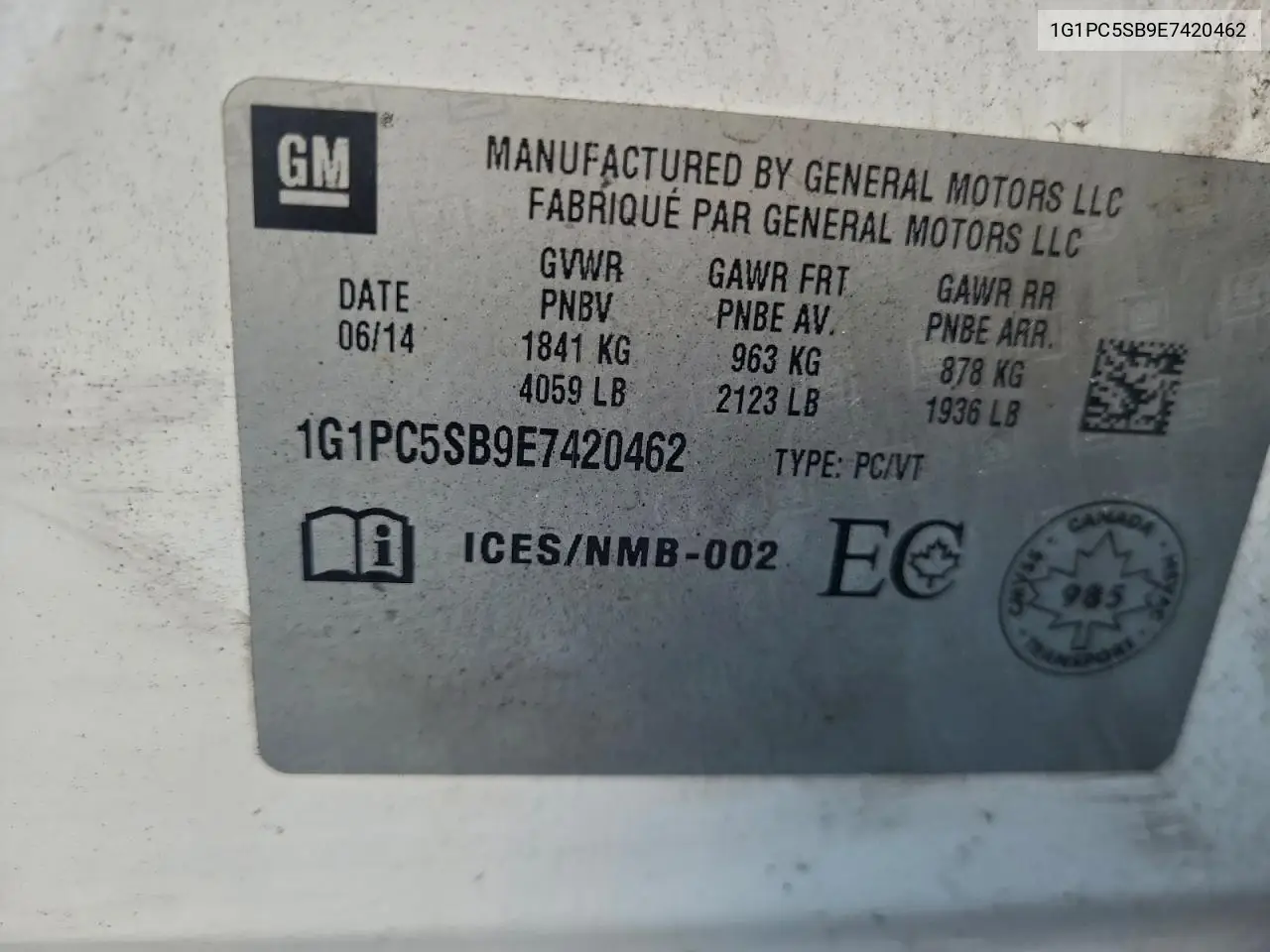 1G1PC5SB9E7420462 2014 Chevrolet Cruze Lt