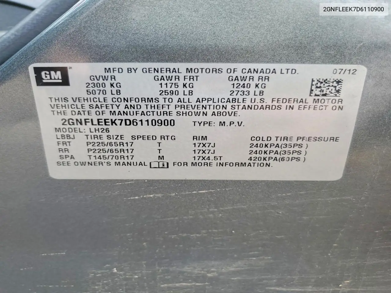 2013 Chevrolet Equinox Lt VIN: 2GNFLEEK7D6110900 Lot: 61489666
