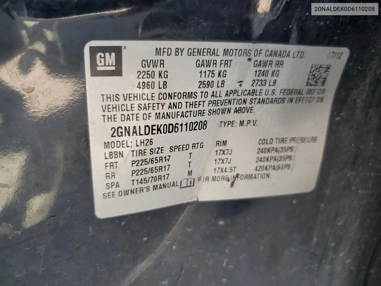 2GNALDEK0D6110208 2013 Chevrolet Equinox Lt