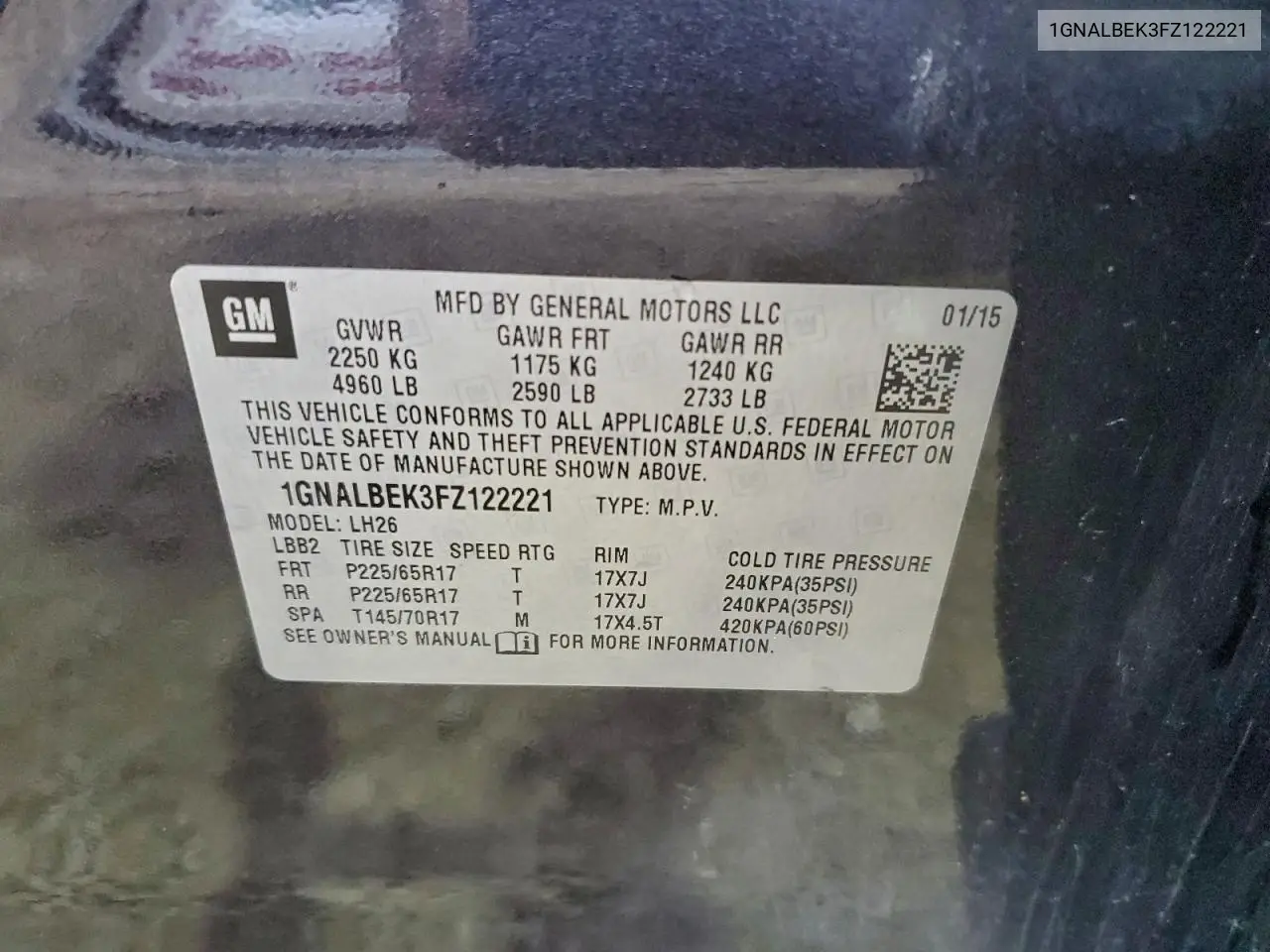 1GNALBEK3FZ122221 2015 Chevrolet Equinox Lt