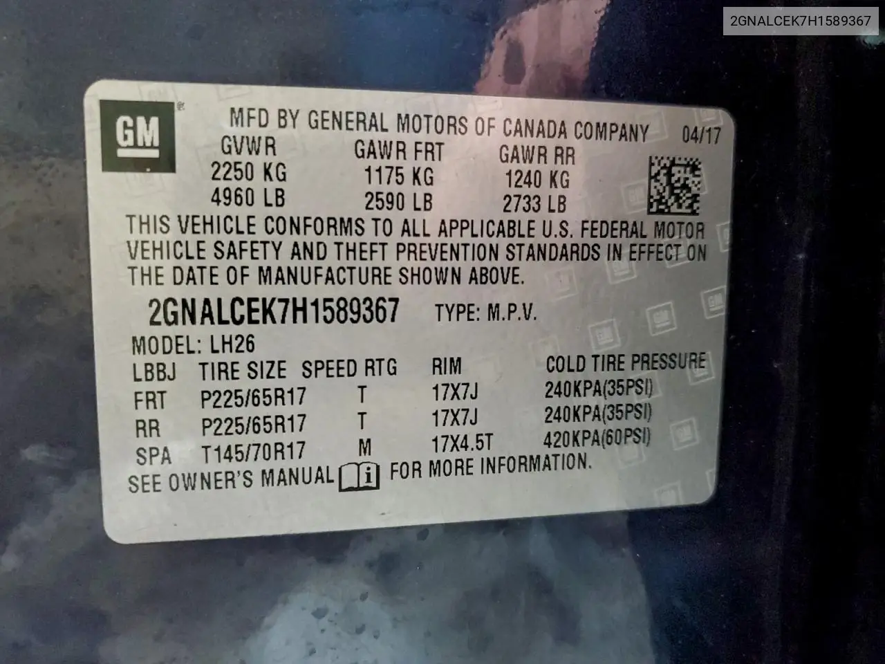 2GNALCEK7H1589367 2017 Chevrolet Equinox Lt
