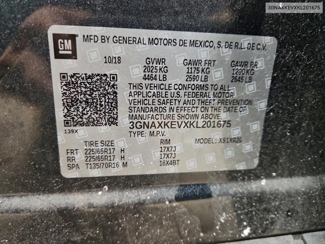 3GNAXKEVXKL201675 2019 Chevrolet Equinox Lt